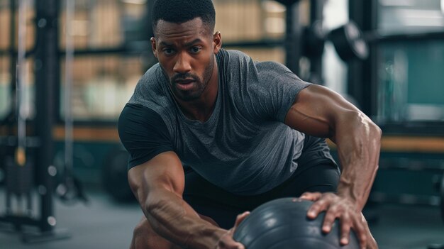 a man with a black ball is doing push ups in a gym