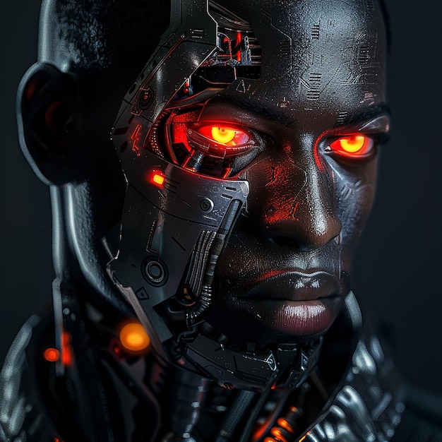 a man with a black face that has red eyes and a black mask with red lights