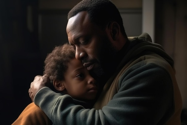 A man with a black hair and a beard holds a child's head.