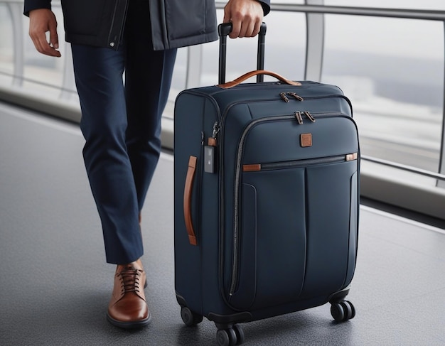 a man with a black jacket is pulling a suitcase