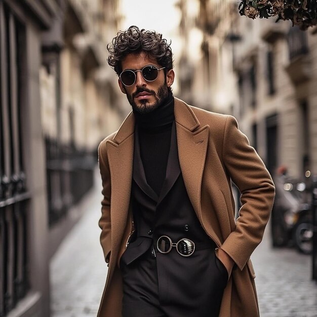 Photo a man with a black sweater and a black sweater is walking down a street