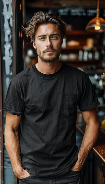 A man with black T shirt mock up