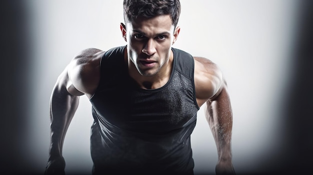 A man with a black tank top and a black tank top stands in front of a white background.