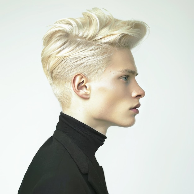 Photo a man with blonde hair and a black shirt is standing in front of a white background