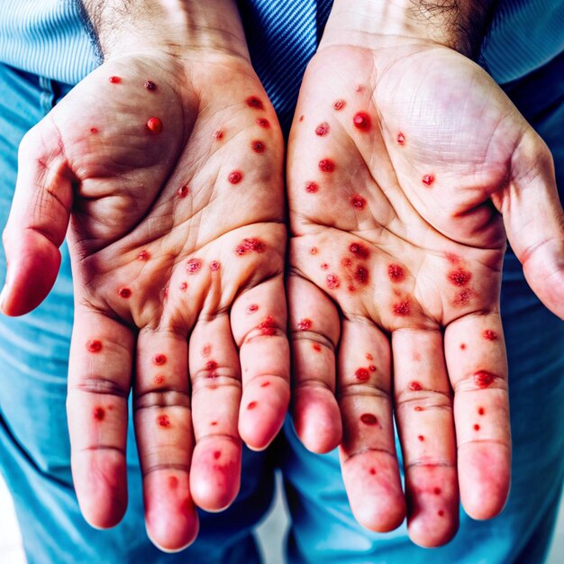 Photo a man with blood on his hands and a blue shirt that saysstop