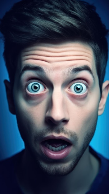 A man with a blue background and green eyes looks at the camera.