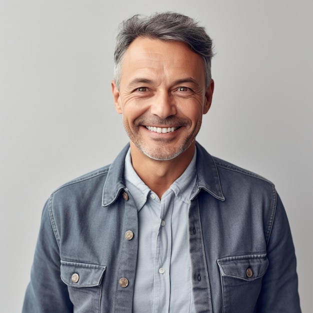 A man with a blue denim jacket that says'i'm a happy man '