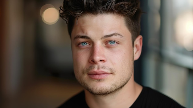 a man with blue eyes and a black shirt that says  he is a young man