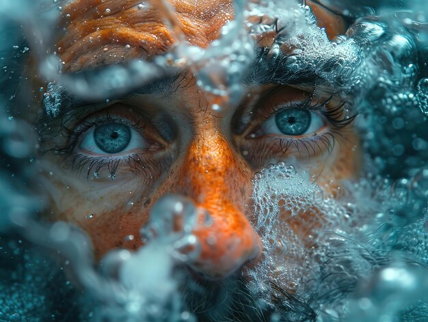 a man with blue eyes and a blue eye looking through a bubble