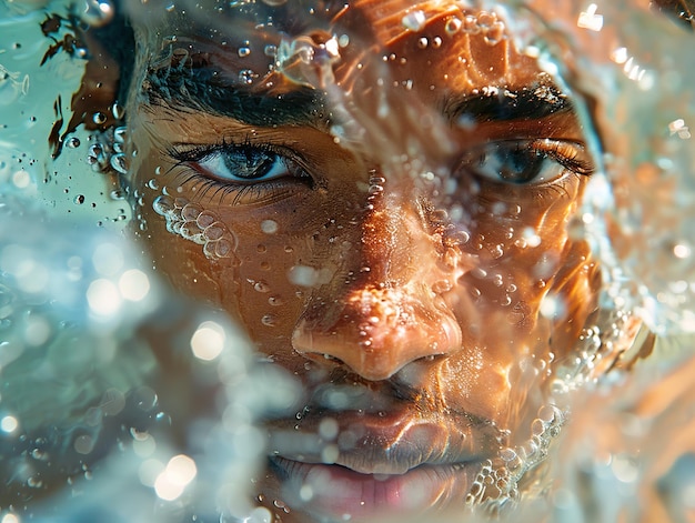 a man with blue eyes and a blue eyes is in the water