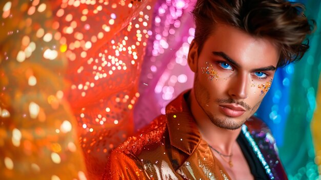 Photo a man with blue eyes and a colorful outfit with a bright orange background