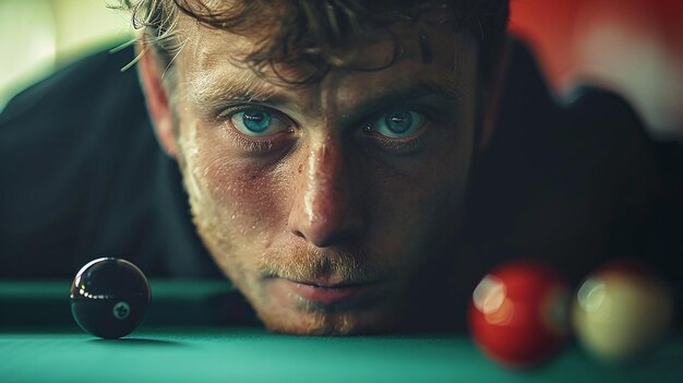 Photo a man with blue eyes is playing a game of pool