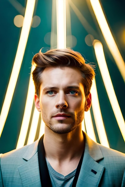 A man with blue eyes stands in front of a yellow light.