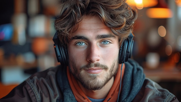 a man with blue eyes wearing headphones and a scarf