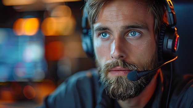 Photo a man with blue eyes wearing a headset with a microphone in his hand