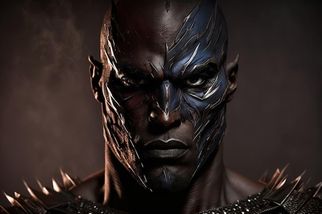 A man with a blue face and a black mask with a silver face.