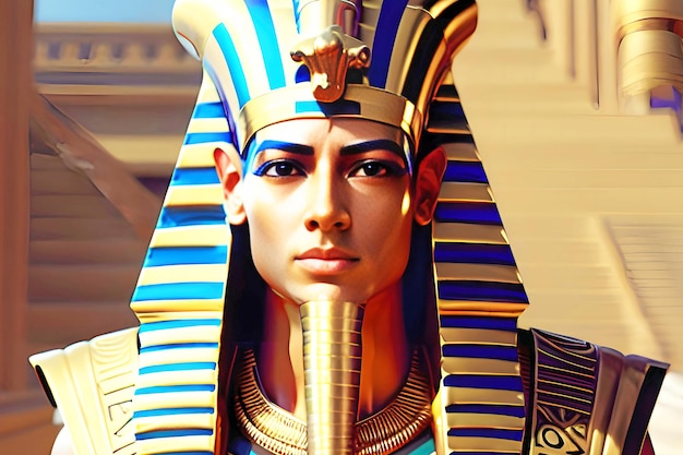 A man with a blue and gold egyptian costume on his head