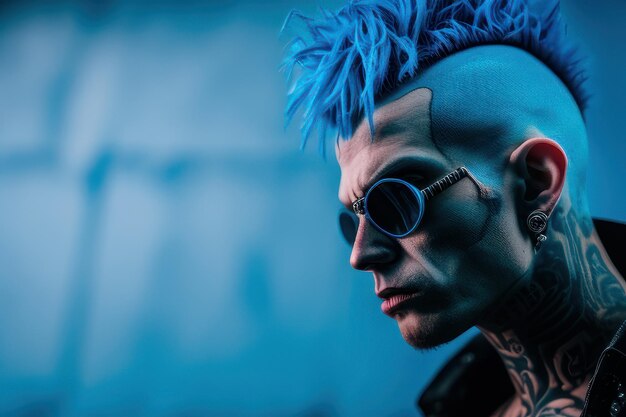 A man with blue hair and blue hair stands in a dark room with a blue background.