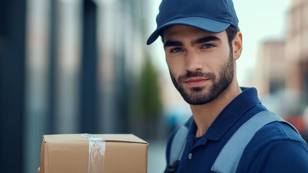 a man with a blue hat on and a blue cap is holding a box