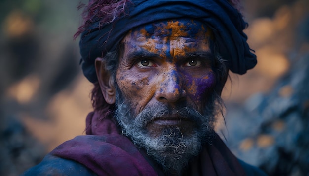 A man with a blue hat and purple hair stands in a village.