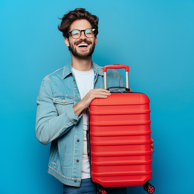 a man with a blue jean jacket holding a red suitcase