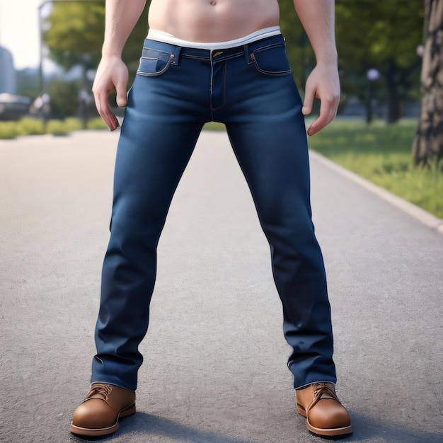 A man with blue jeans and brown shoes stands on a road.