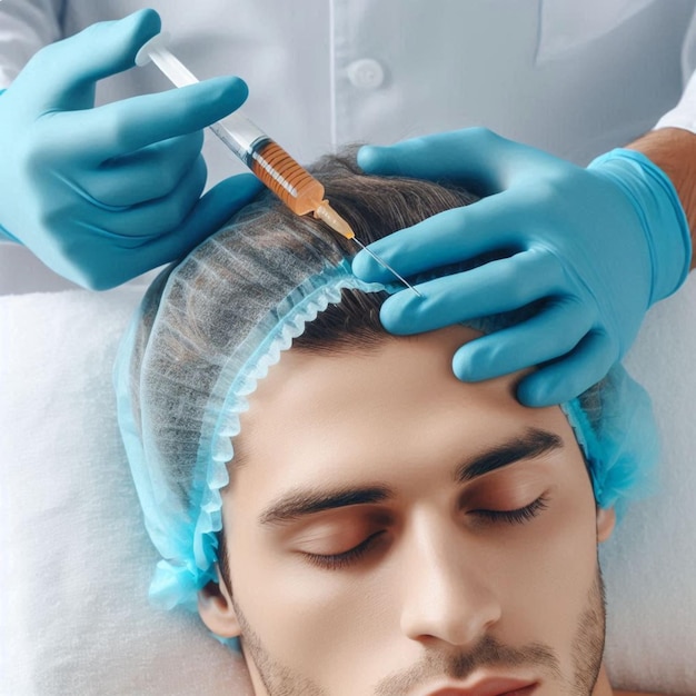 a man with a blue mask on his head is getting his hair done