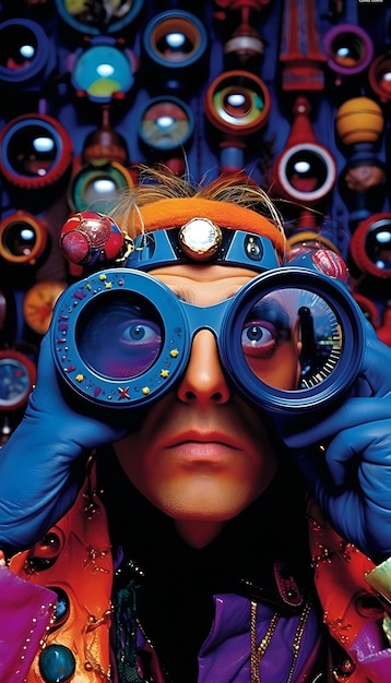 A man with a blue pair of binoculars in front of a wall of clocks.