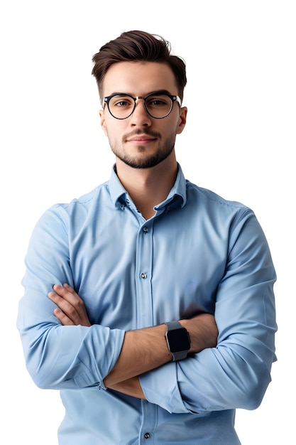 a man with a blue shirt and glasses with his arms crossed