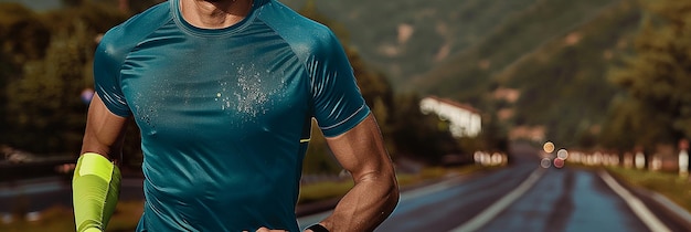 a man with a blue shirt is riding a bike on a road