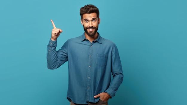 A man with a blue shirt pointing his finger at the camera