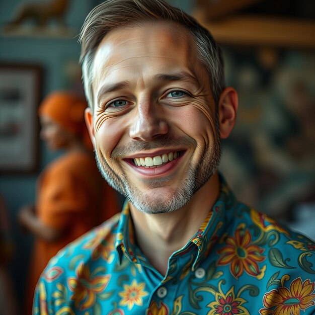 Photo a man with a blue shirt that says  happy