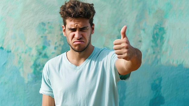 a man with a blue shirt that says  he is giving a thumbs up