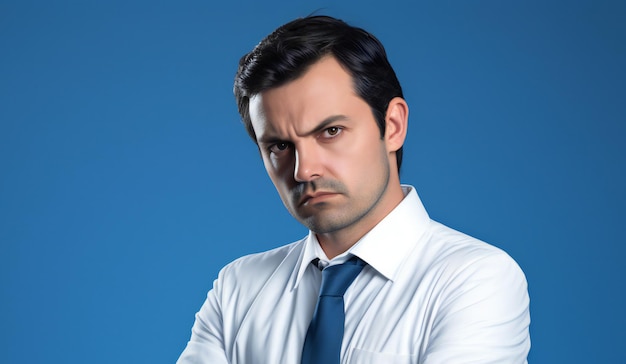 A man with a blue shirt and tie stands with his arms crossed and looks at the camera.