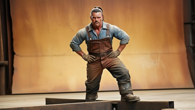 Photo a man with a blue shirt and a vest on is standing on a stage