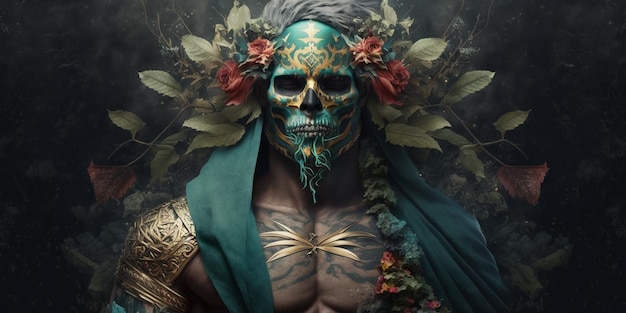 A man with a blue skull mask and flowers on his face