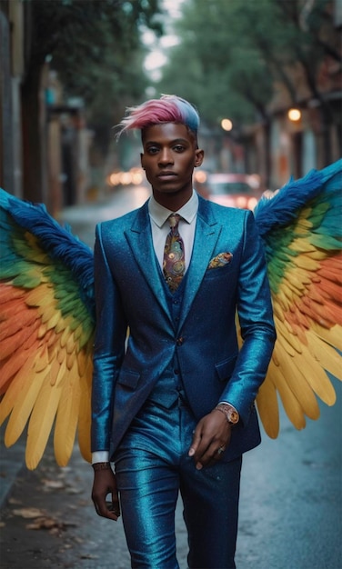 a man with a blue suit and a colorful wings