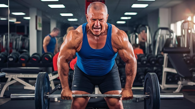 a man with a blue tank top on with a barbell in the gym