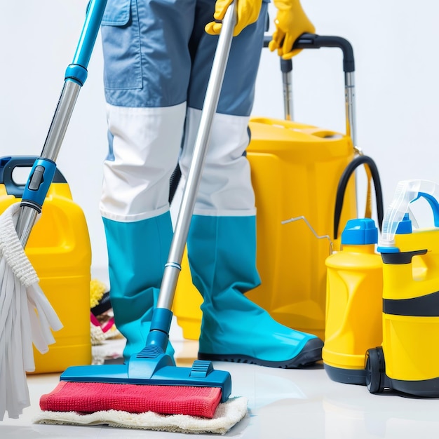 Photo a man with a blue and white uniform holding a broom and cleaning tools