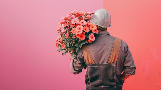 Photo a man with a bouquet of flowers on his back stands in front of a pink wall