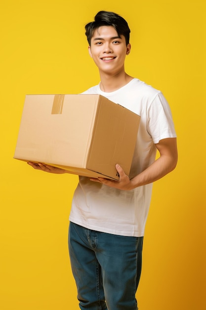 Photo a man with a box on his head and a yellow background generated ai