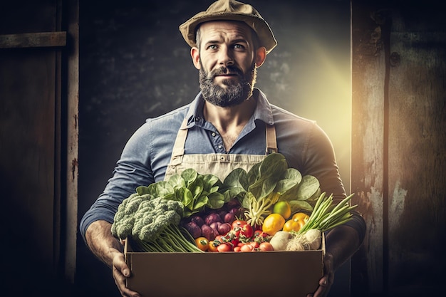 Man with box of vegetables sale of organic products AI generated