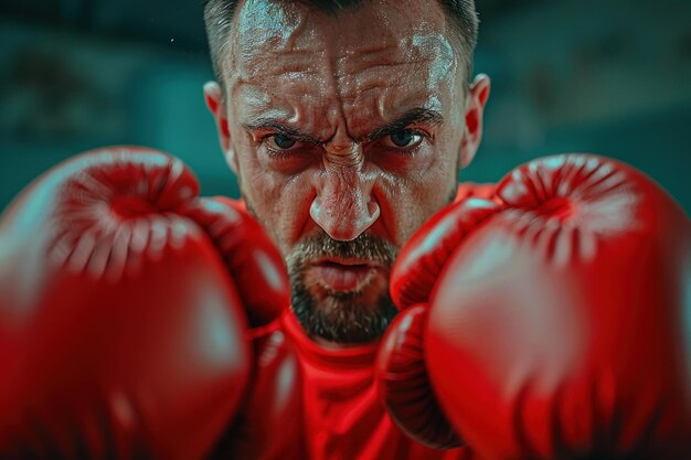 Photo man with boxing gloves with aggressive attitude kickboxing sport