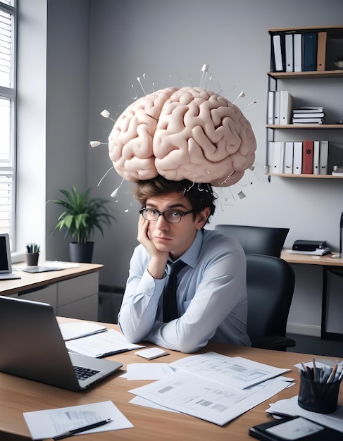 a man with a brain on his head is sitting at a desk with the brain on his head