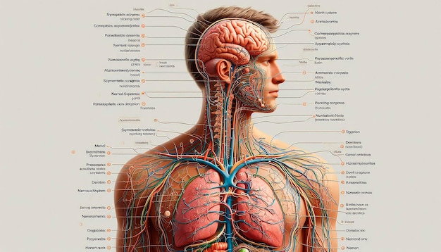 Photo a man with the brain labeled in the middle