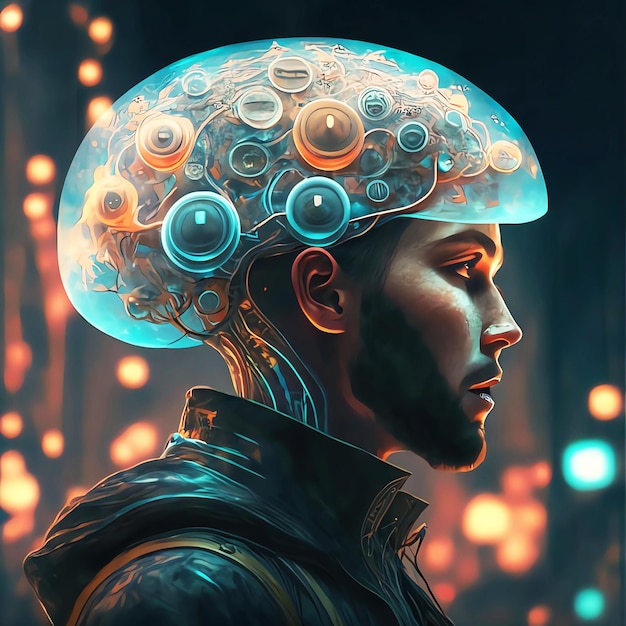 a man with a brain shaped head that has circles on it