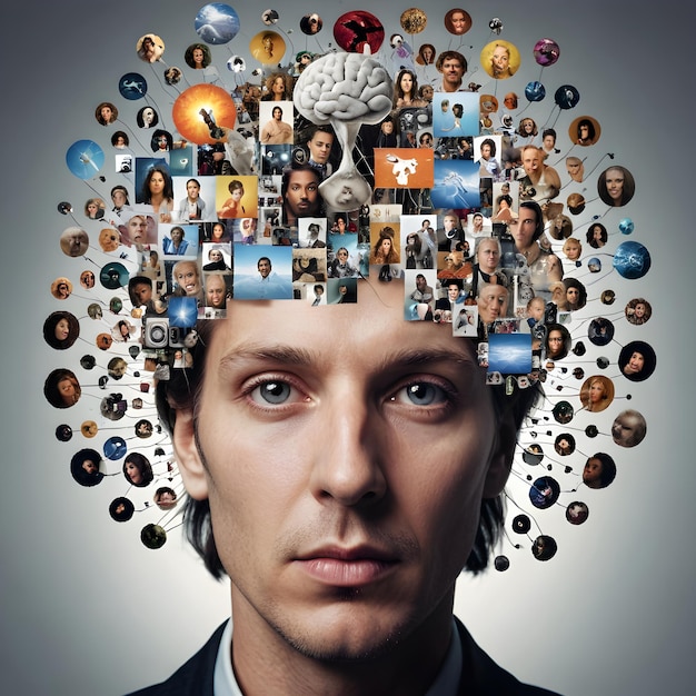 Photo a man with a brain that has many icons on it