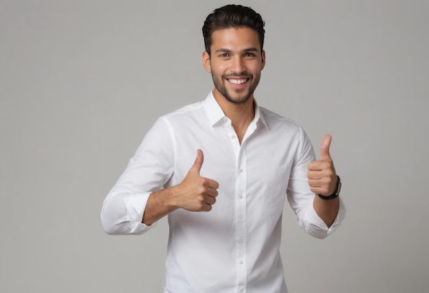 A man with a bright smile and a neatly groomed beard giving two thumbs up in a white shirt with an