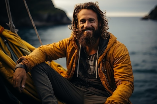 Man with a bright smile relaxes in hammock by the sea setting a tranquil and serene coastal scene