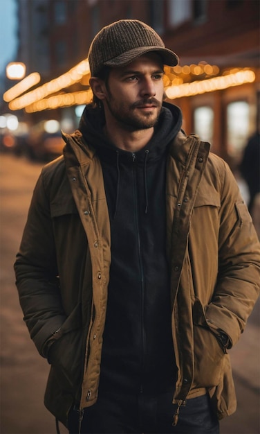 a man with a brown jacket and a black shirt is walking down a street